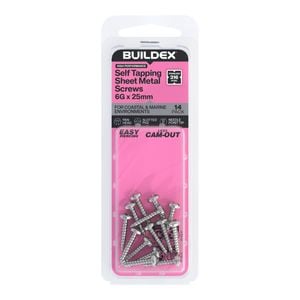 Buildex 6G x 25mm SS316 Self Tapping Sheet Metal Screws - 14 Pack