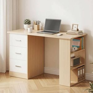 HOMFURN 120cm Computer Desk with 3 Drawers & 3-Tier Shelves, Oak & White Finish, 50kg Capacity Home Office Table