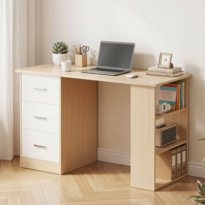 HOMFURN 120cm Computer Desk with 3 Drawers & 3-Tier Shelves, Oak & White Finish, 50kg Capacity Home Office Table
