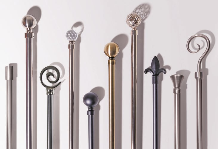 Ten different curtain rods in a variety of metal finishes and end decorations