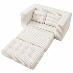 Ufurniture 142cm Convertible 2 Seater Sofa Bed Wide-wale Corduroy Loveseat Floor Sleeper Sofa W/ 2 Pillow Boneless Beige