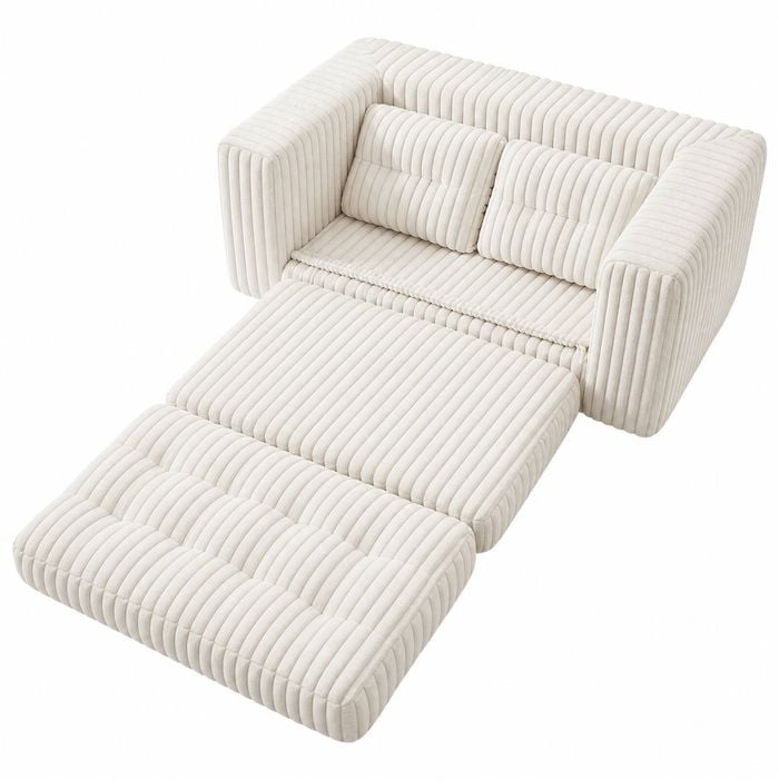 Ufurniture 142cm Convertible 2 Seater Sofa Bed Wide-wale Corduroy Loveseat Floor Sleeper Sofa W/ 2 Pillow Boneless Beige