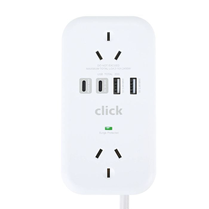 Click Fast Charging 2 Outlet White Powerboard with USB A & C Outlets and Cord Storage