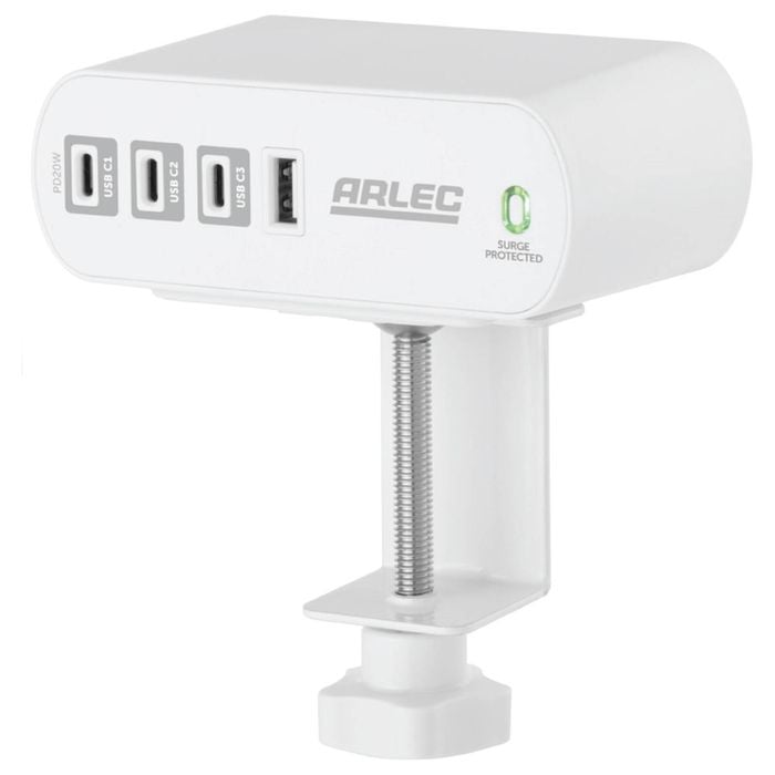 Arlec White 2 Outlet PD20W USB C Powerboard With Desktop Clamp