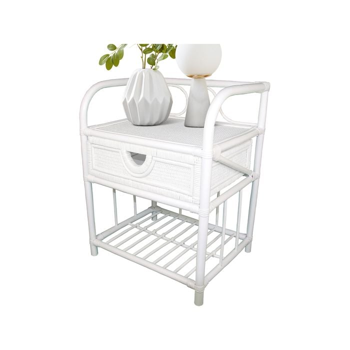 Breeze Suzane Natural Rattan One Drawer Bedside Table Solid White