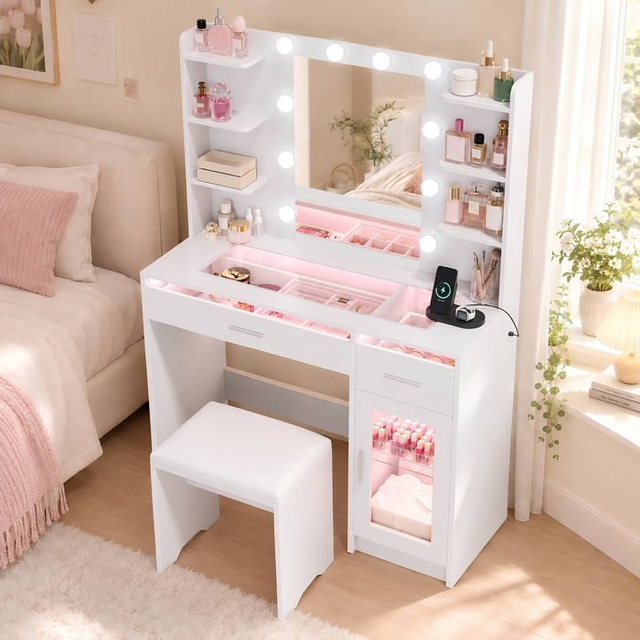 Advwin Dressing Table with Glass Tabletop & Cabinet and LED Light Charging Station Makeup Vanity Desk White