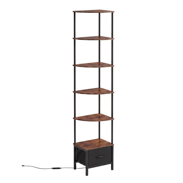 Levede Corner Bookshelf Corner Shelf Unit 6-Tier with LED Light Drawer Brown