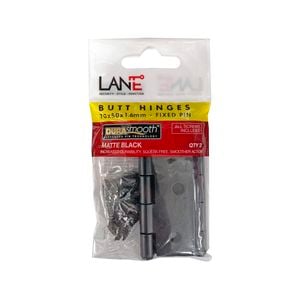 Lane 70mm Matte Black Fixed Pin Butt Hinge - 2 Pack