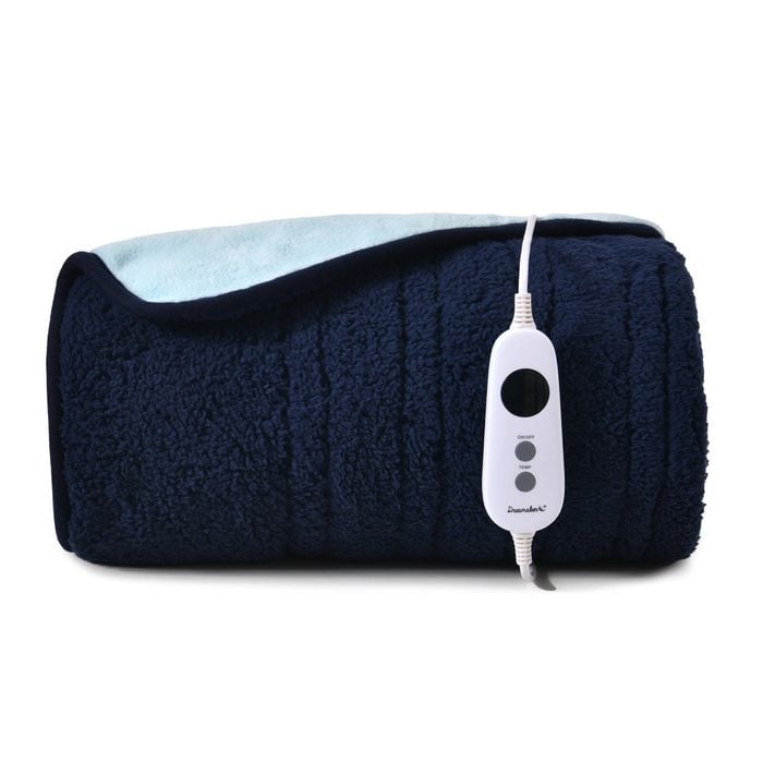 Dreamaker Eve Reversible Sherpa & Coral Fleece Electric Heated Throw Blanket Midnight Blue & Sky 130x160cm | Overheat Protection