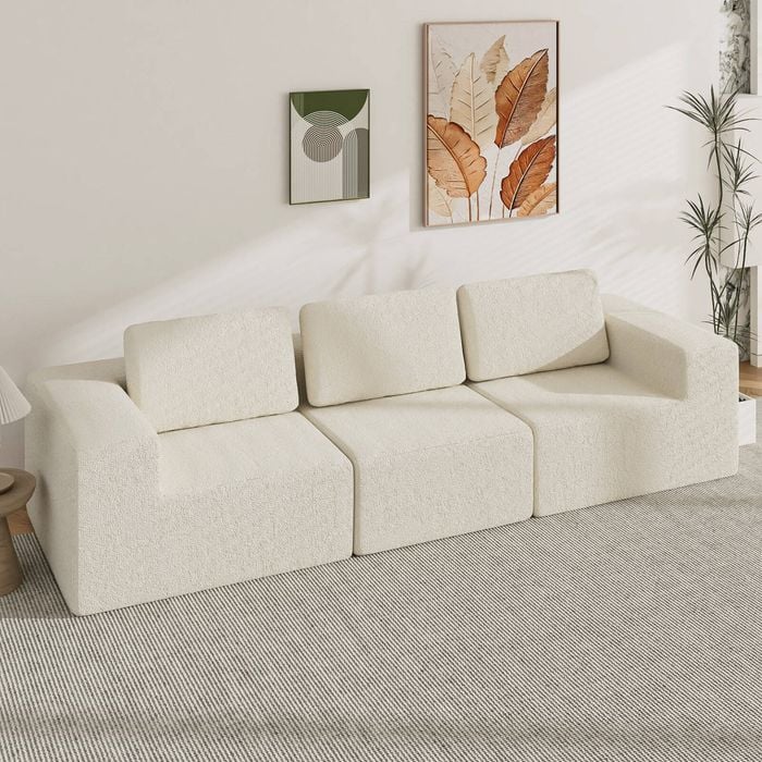 Advwin 265cm 3 Seater Sofa Chenille Compressed Sofa Modular Modular Foam Couch No Assembly Beige