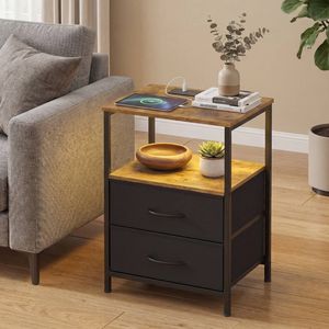 Advwin LED Bedside Table with Charging Station 2 Fabric Drawers Nightstand Black Drawer & Brown Top