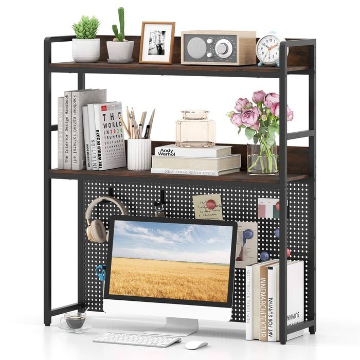 Costway Desktop Bookshelf W/pegboard & Adjustable Feet Space-saving Brown