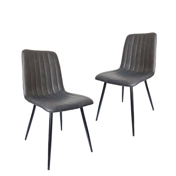 Bribrion X2 Dining Chairs With Black Metal Legs Upholstered Faux Leather Seats Channel Back Modern Kitchen Saddle Pu Grey