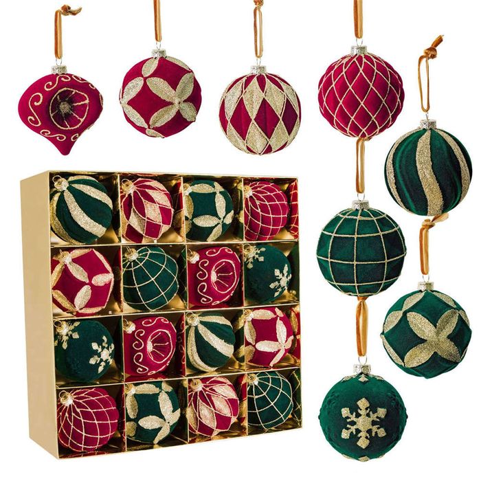 Catzon 16 Pcs Velvet Flocked Christmas Balls 8CM Shatterproof Ornaments for Xmas Tree-Red Green