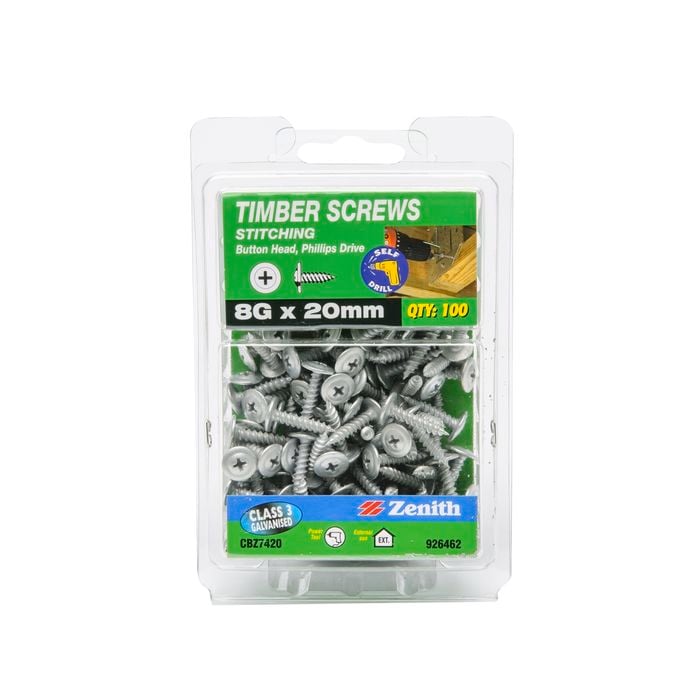 Zenith 8G x 20mm Galvanised Button Head Stitching Timber Screws - 100 Pack