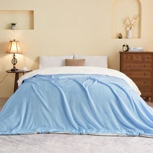 LINENOVA Sherpa Flannelette Blanket Luxury Soft Warm Blanket Queen Size - Blue