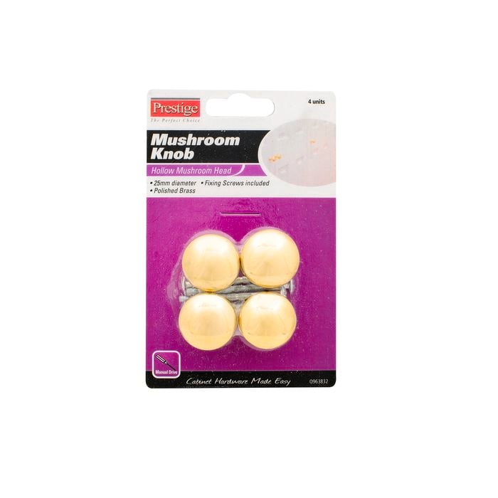 Prestige 25mm Polished Brass Hollow Mushroom Cupboard Knob Card of 4 - Polished Brass