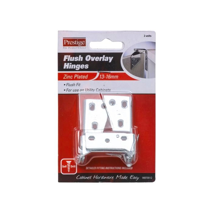 Prestige 13 - 16mm Zinc Plated Flush Pattern Overlay Hinges - 2 Pack