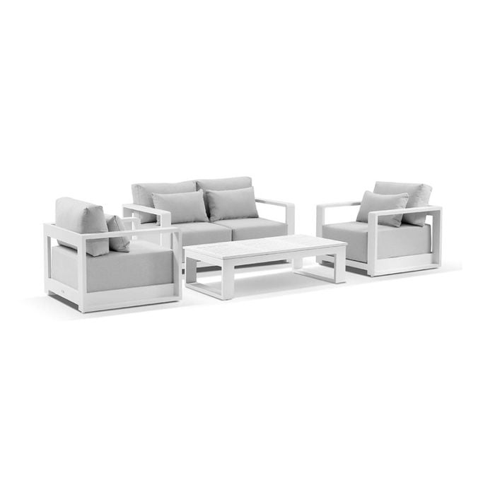 Whitehaven 2+1+1 Seater Outdoor Aluminium Lounge Set White With Santorini Coffee Table & Olefin Grey Cushions