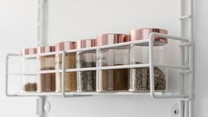 A series of cannisters in a kitchen pantry.