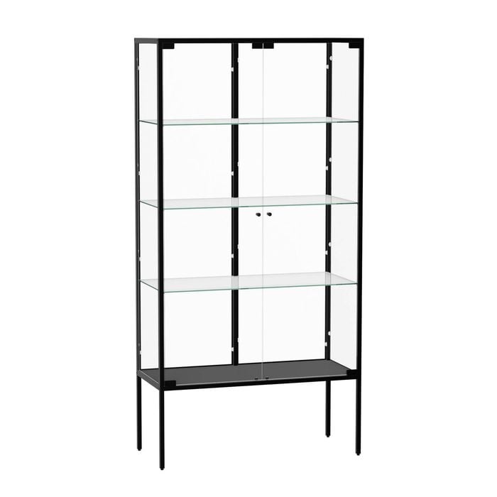 Stacked 4-Tier Double Doors Glass Display Cabinet Black