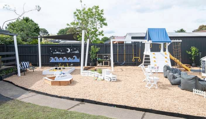 Completed kids backyard with outdoor cubbies, three piece outdoor setting, outdoor bean bags, swing set, play equipment and sandpits.