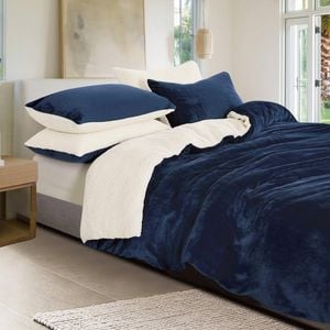 Gioia Casa Microfiber 2 in 1 Teddy Sherpa Quilt Cover Set & Blanket with Matching Pillowcases - Navy Blue - Double