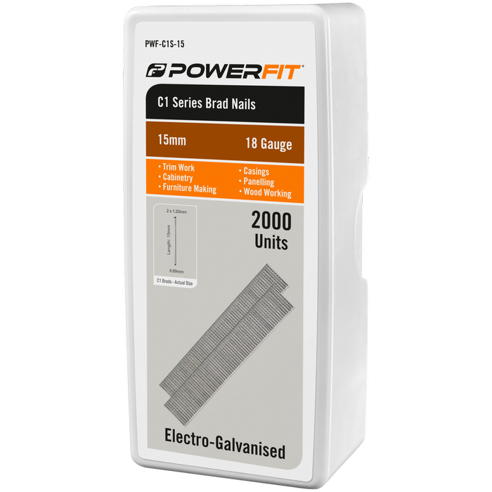 Powerfit 15mm C1 Series Electro-Galvanised Brad Nails – 2000 Pack