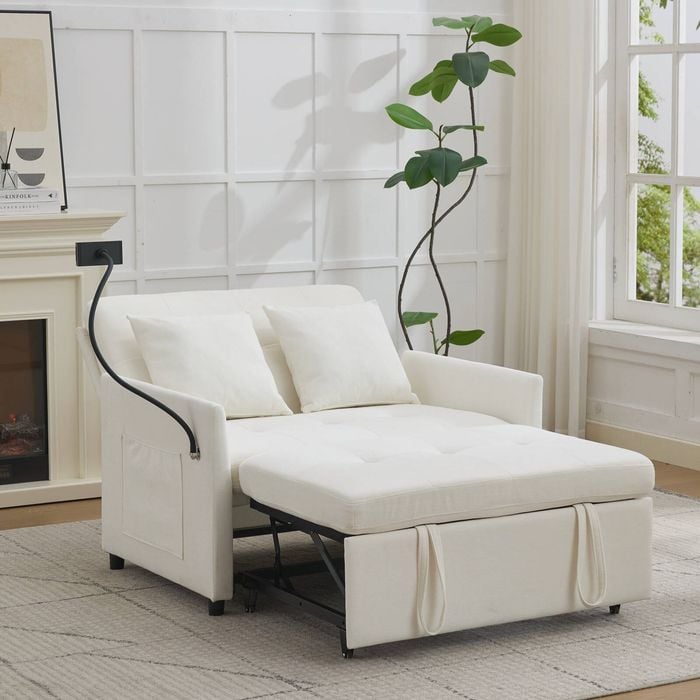 Homfurn Chenille Sleeper Loveseat with Phone Holder, 3 in 1 Convertible Sofa Bed with Side Pockets