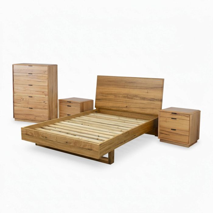 Japandi King Bed Frame Set Bedside Table Tallboy Natural Oak