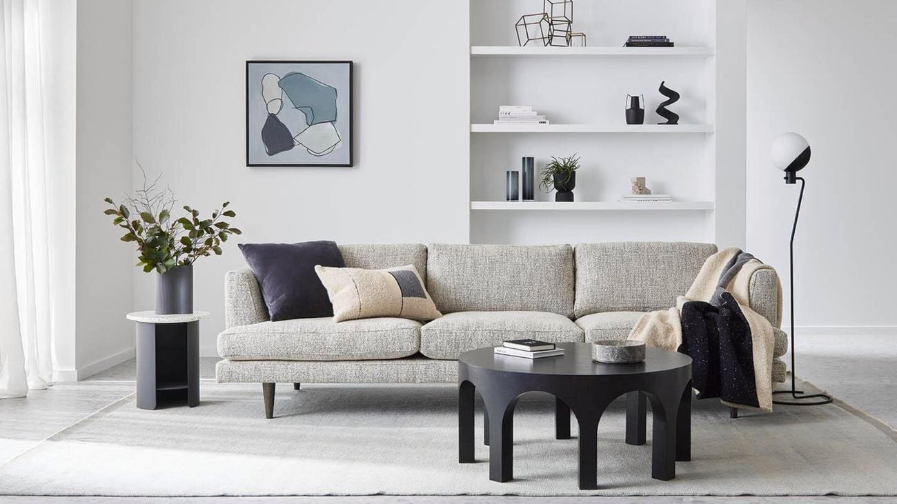 Contemporary white painted living room with black accents and furniture