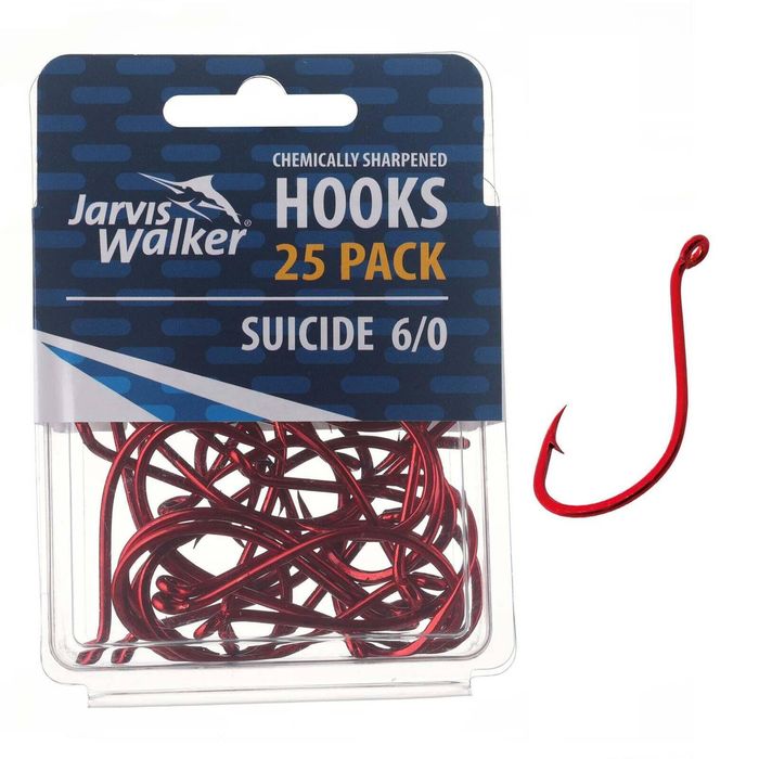 Jarvis Walker Red Chemically Sharpened Suicide Octopus Fishing Hook 25 Pack 6/0