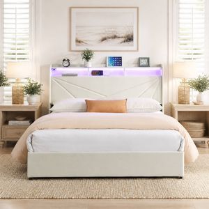 HOMFURN Double Size Upholstered Bed with 4 Storage Drawers, USB Socket and Led Lights, Storage Bedhead