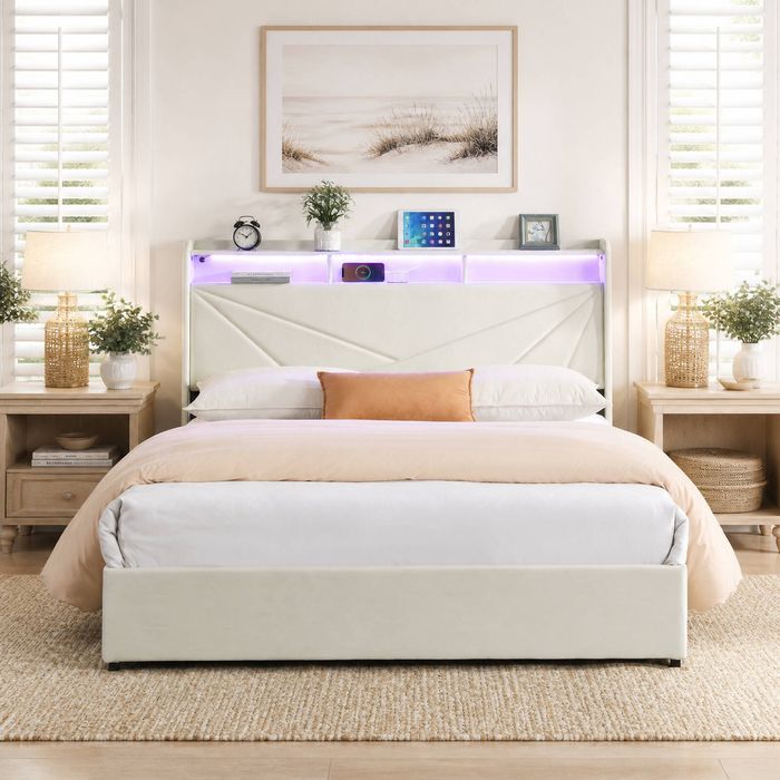 HOMFURN Double Size Upholstered Bed with 4 Storage Drawers, USB Socket and Led Lights, Storage Bedhead