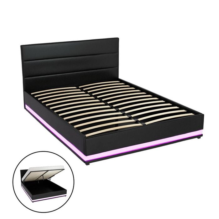 Artiss Bed Frame Double Size LED Gas Lift Black LUMI