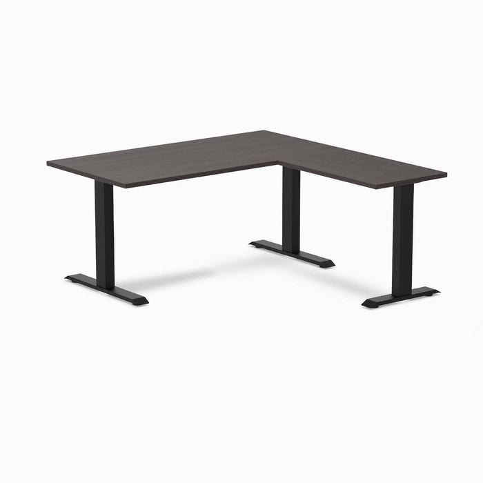 Desky Fixed Height Burnished Wood Melamine L-shape Office Desk 1500x1550mm Matte Black Frame