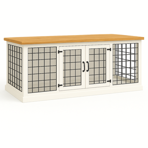 Paws and Willow Open Plan Arctic White with Natural Top Wooden Dog Crate Hinged Door with Mesh