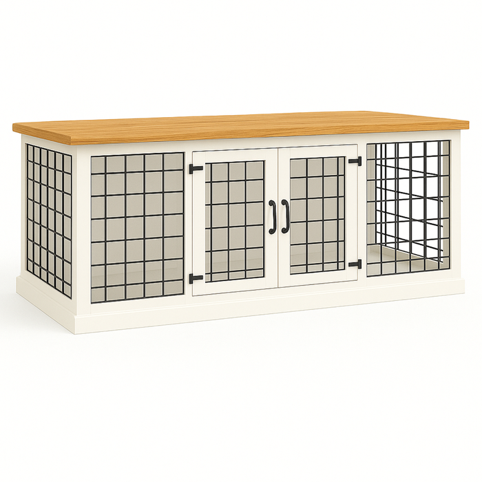 Paws and Willow Open Plan Arctic White with Natural Top Wooden Dog Crate Hinged Door with Mesh