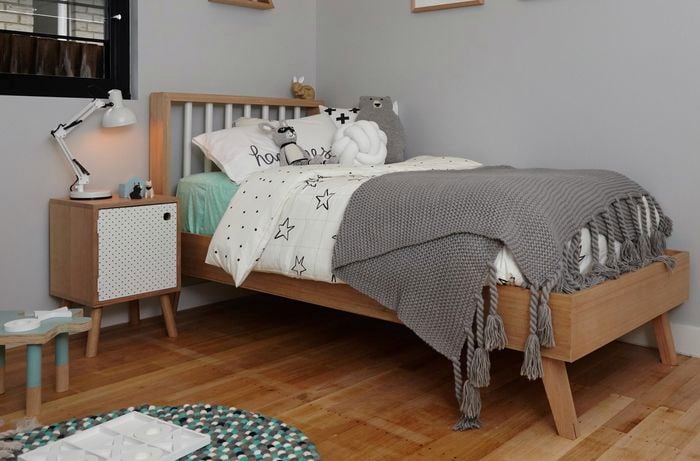 Completed D.I.Y. timber bed in a child's bedroom