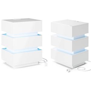 Advwin 2x Bedside Table 3 Drawers With with Charging Station & LED Light White