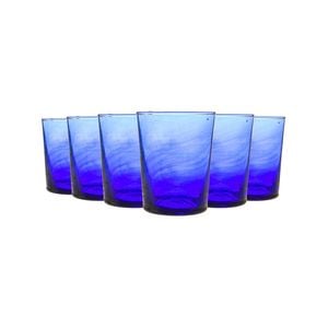 Meknes 215ml Glass Tumblers - Hand-Blown Moroccan Recycled Whisky Water Drinking Glasses - Blue Glass - Set of 6