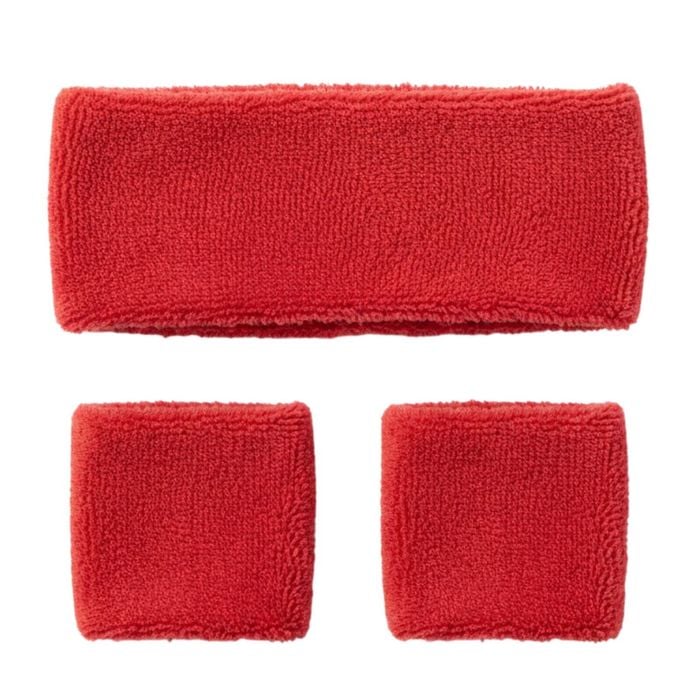 WRISTBAND & HEADBAND SET Tennis Terry Towelling Cotton Sweat Band Team Gym  Red