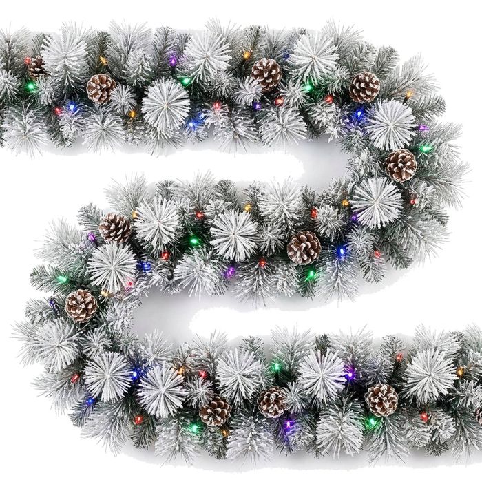 Christabelle 2.74m Alpine Snow Christmas Garland Pre Lit Multi Function LED Timer Flocked Pine Cones