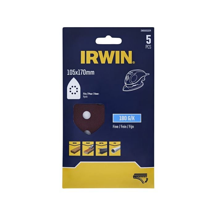 IRWIN 105 x 170mm 180 Grit Detail Sanding Sheets 8 Holes - 5 Pack