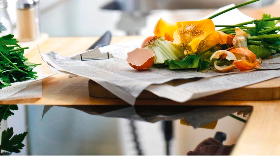 Food scraps on benchtop.
