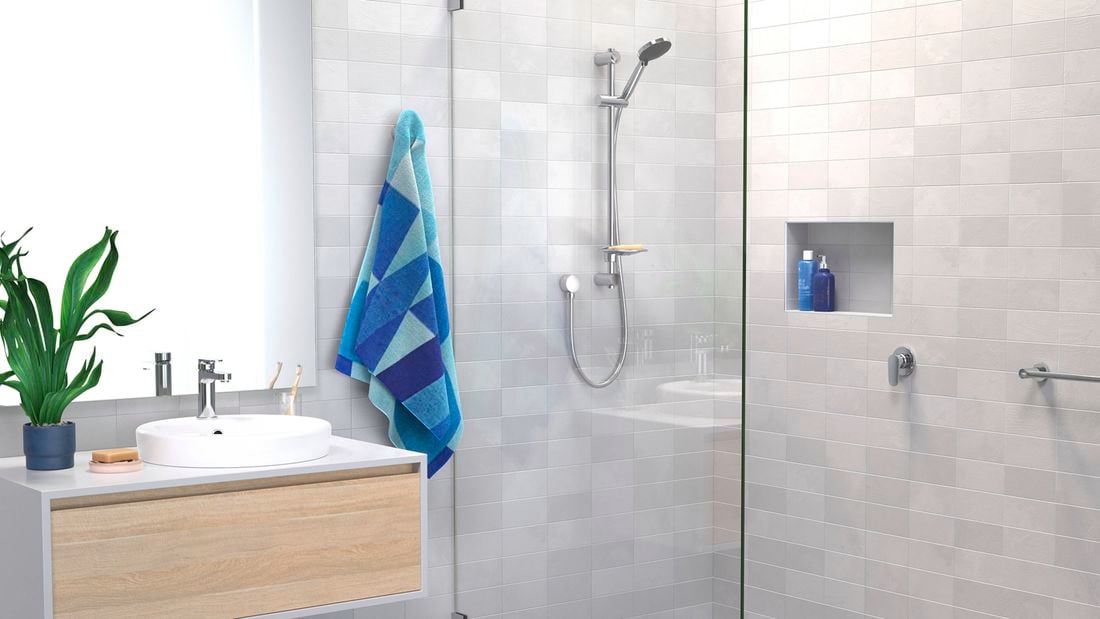 Flexispray rail shower head in a modern bathroom, example of how to upgrade your shower head without renovating