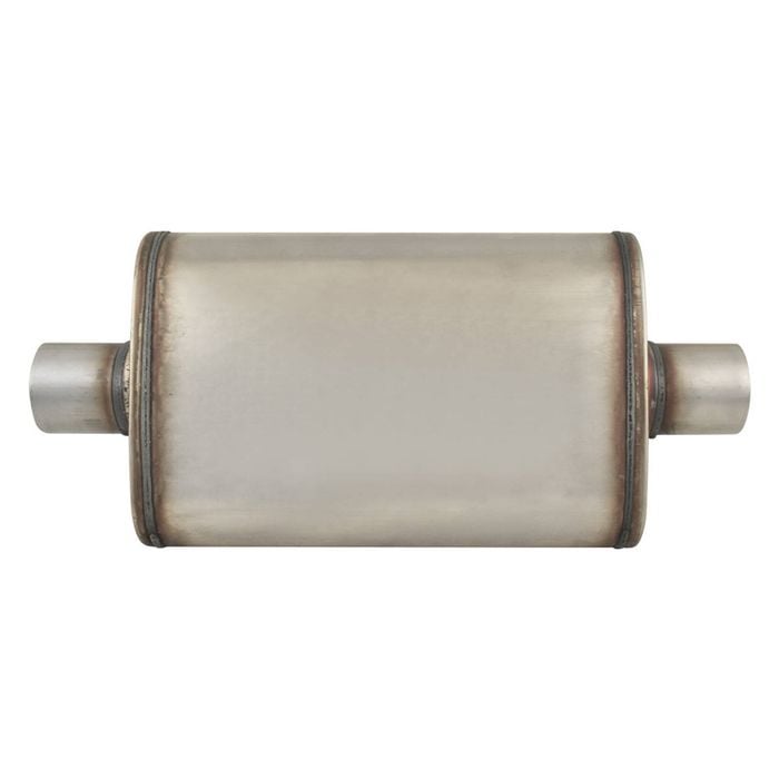 Outlaw T-409 stainless steel straight through muffler, single 2-1/2" inlet/outlet, centre/centre