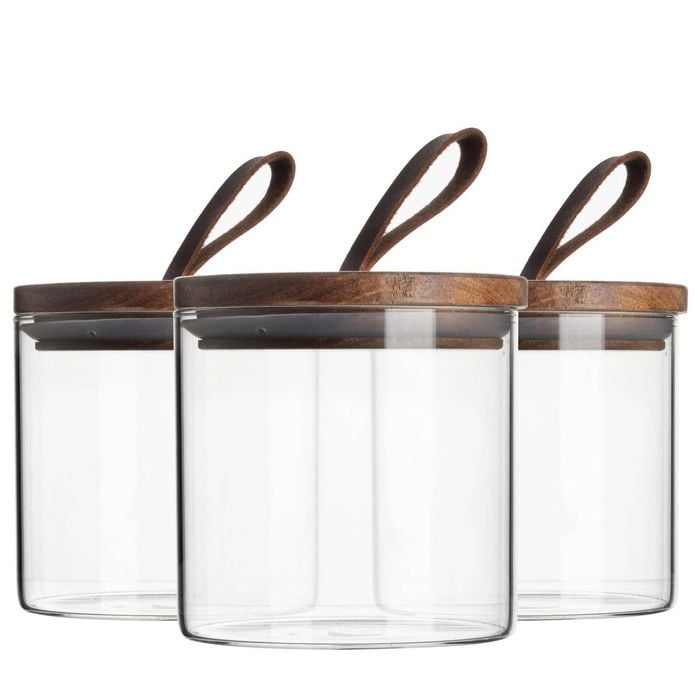 Argon Tableware Glass Storage Jars - Leather Loop Lid - 550ml - Modern Round Scandi Organisation Container Glass Jar - Set Of 6