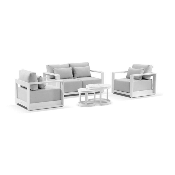 Whitehaven 2+1+1 Seater Outdoor Aluminium Lounge White With Hugo Coffee Table Set & Olefin Grey Cushions