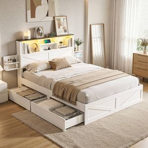 Artiss Double Platform Bed Frame With Drawer Charging Station Led Light White Platform Bed White